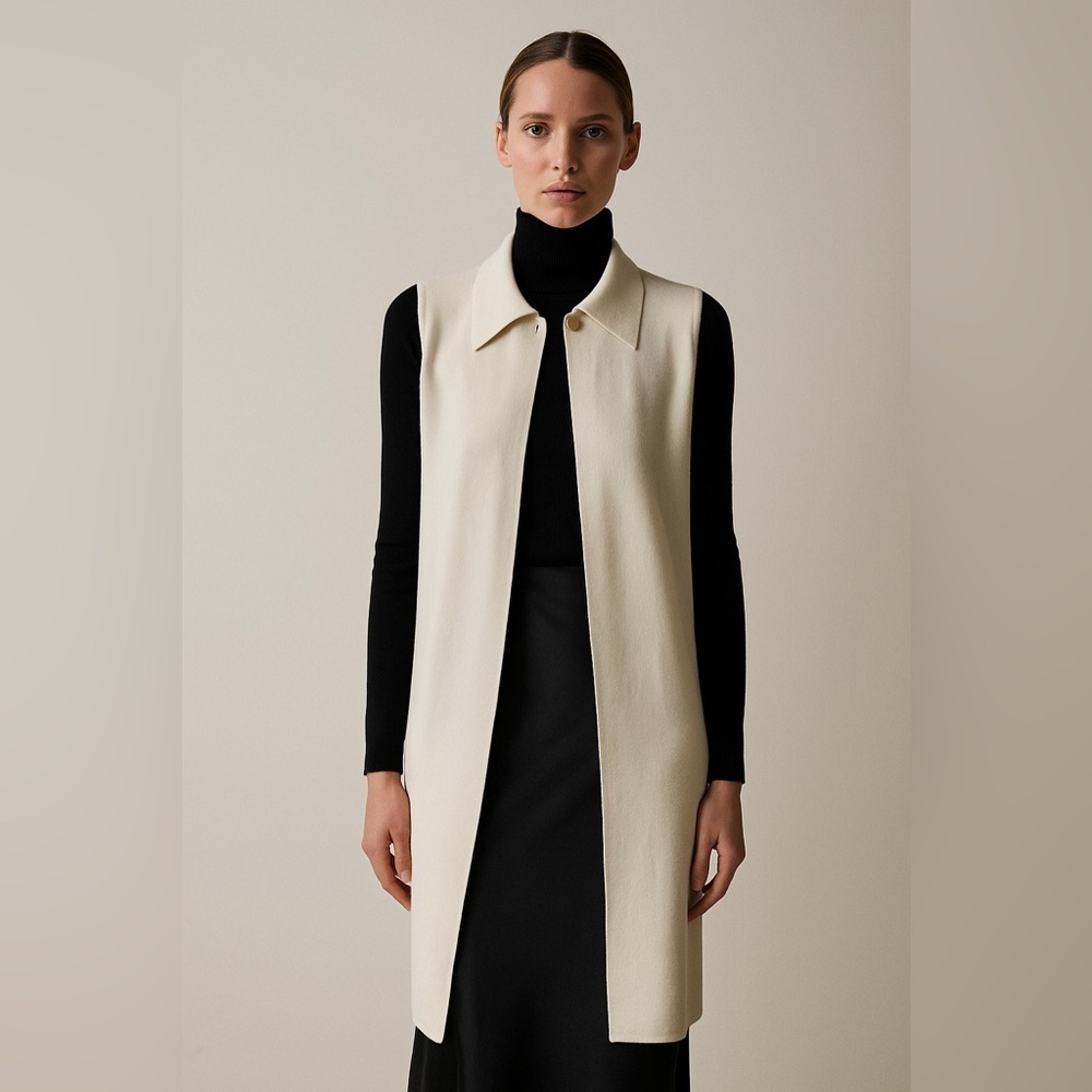 Vintage Rodier off white wool blend minimalist long slits sleeveless cardigan